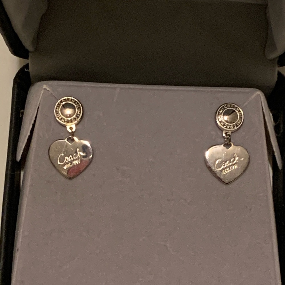Coach sterling silver earrings, drop heart